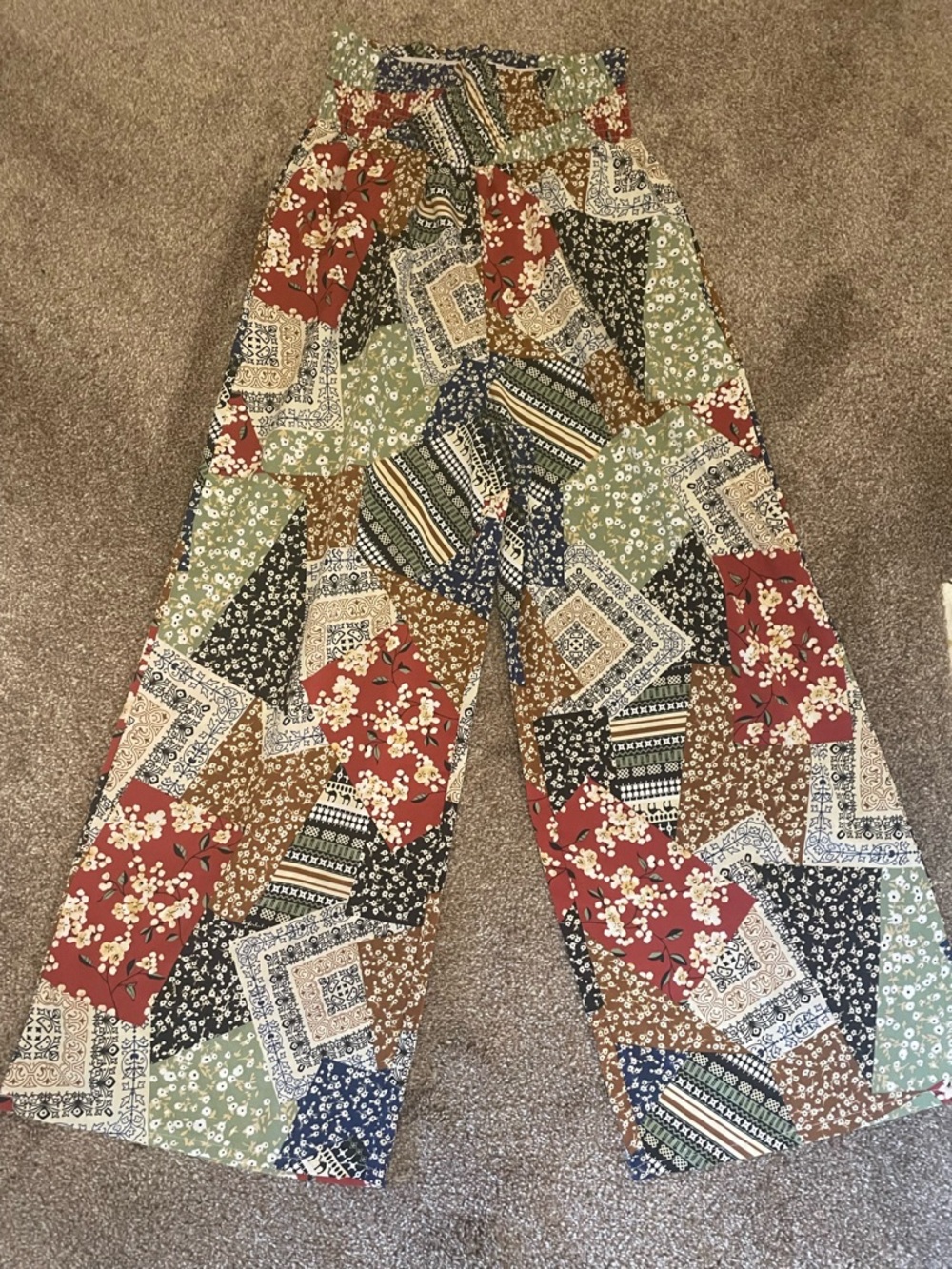 Boho Patchwork Wide Leg Pants - Multicolor Floral